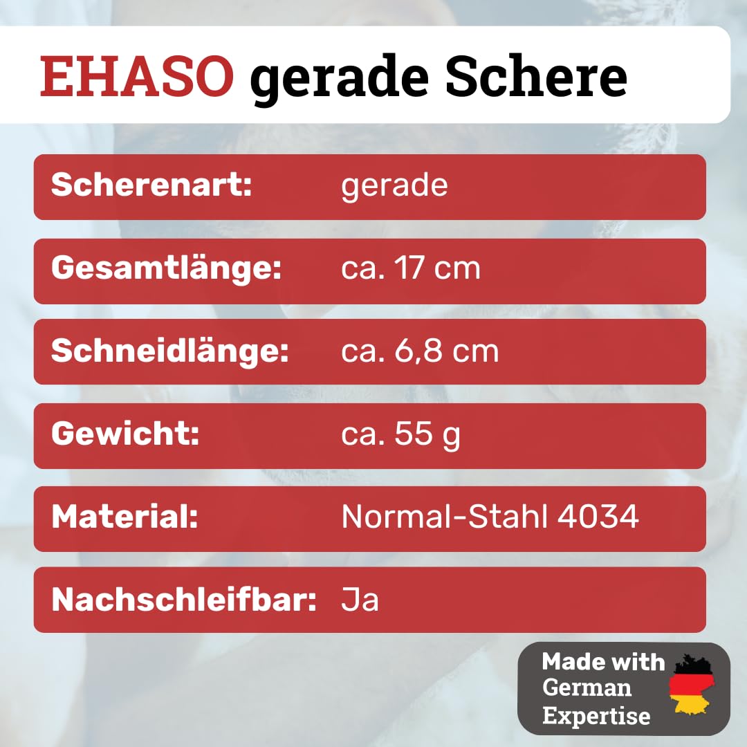 EHASO Hochwertige Gerade Hundeschere aus - Für langhaar & kurzhaar - 17 cm - Fellschere für Hunde & Katzen - Profischere für Jede Art von Fell direkt Solingen
