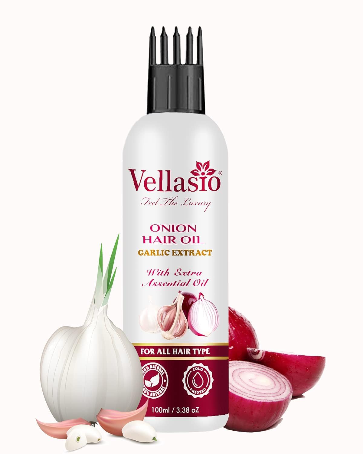 Pure Garlic & Red Onion Cold Pressed Hair Oil with Applicator For Stronger Thicker & Glossier Hair | 100ml | 3.38 Fl Oz (Pack of 1)