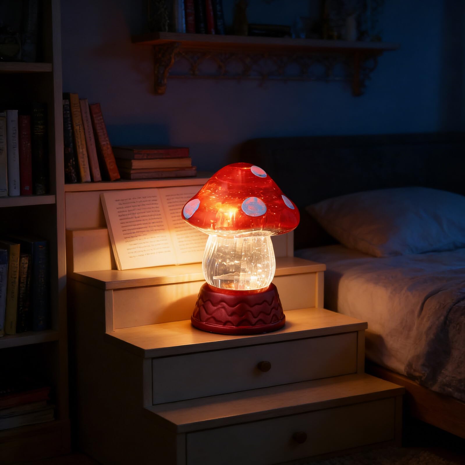 Lampka Nocna Grzybek LED z Efektem Śniegu Do Sypialni Miękkie Światło bez Odblasków Przenośna Lampa Stołowa Biurko i Nocny Stolik Dekoracja Zimowa i Dziecięca