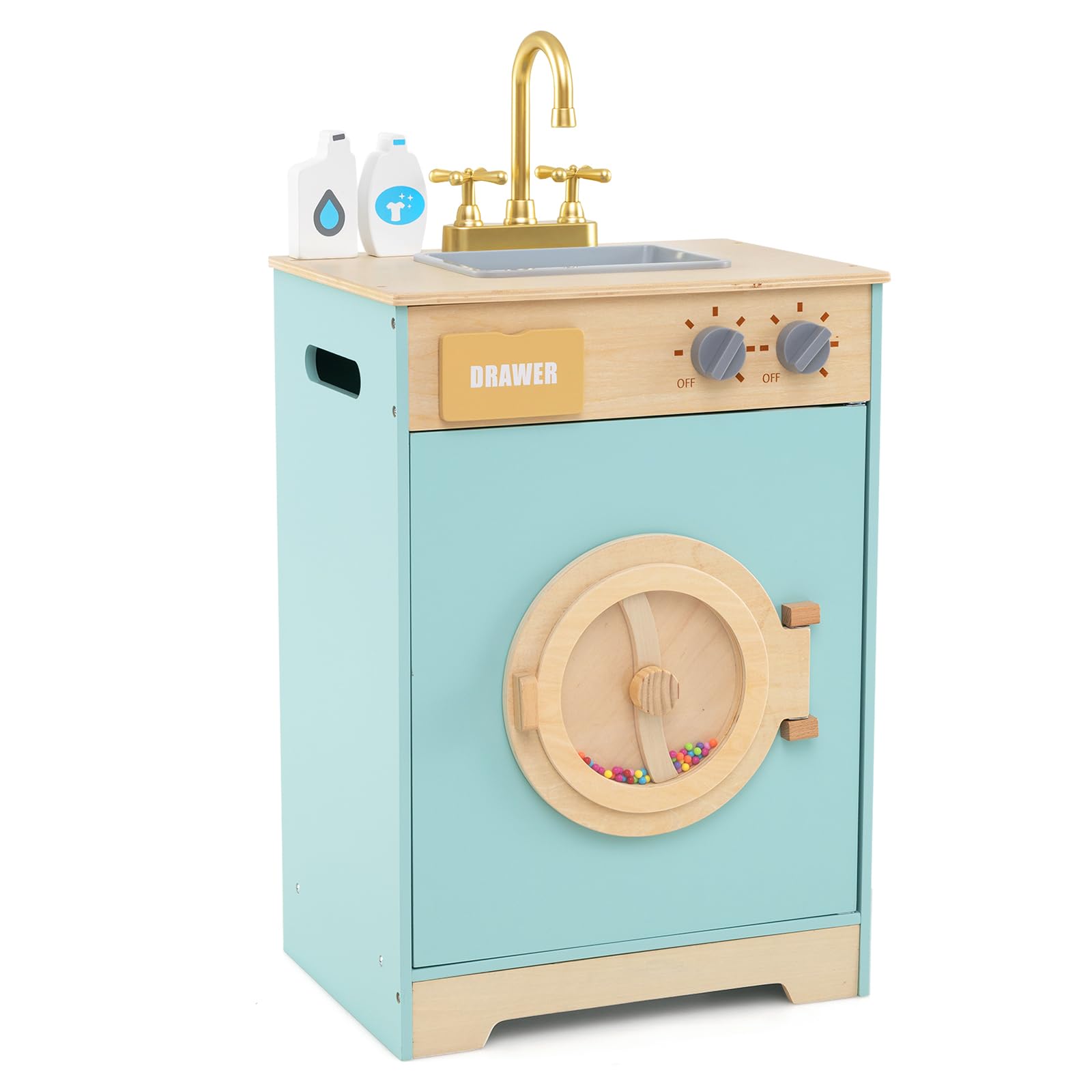 COSTWAY Toy Washing Machine, Wooden Kids Washer Playset with Sink, Rotating Wheel, Accessories, Toddler Pretend Play Kitchen Laundry Set for Boys & Girls