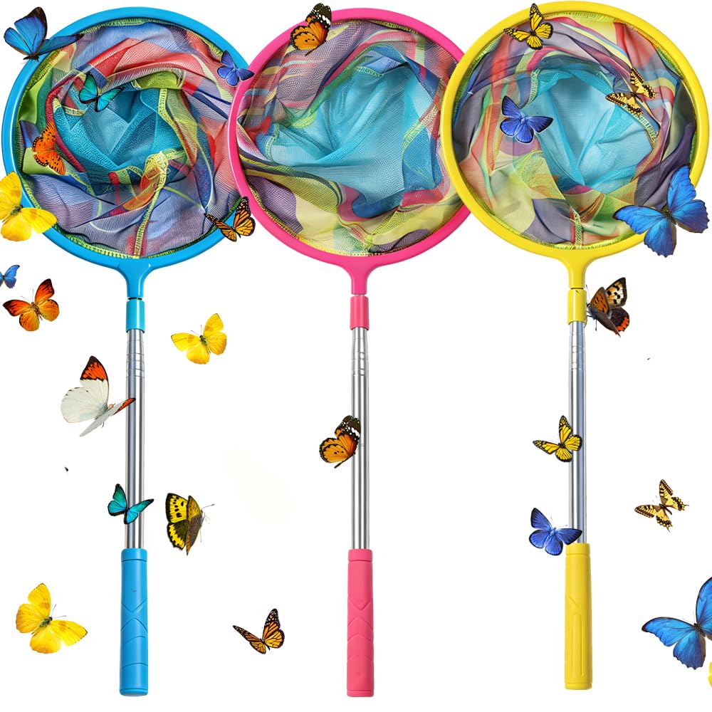 3 pcs Angel Kescher für Kinder, Teleskop Kescher Angeln mit Teleskopstange 55-123cm, Angelkescher Schmetterlingsnetz Klein zum Fangen von Insekten, Schmetterlingen, Fischernetze