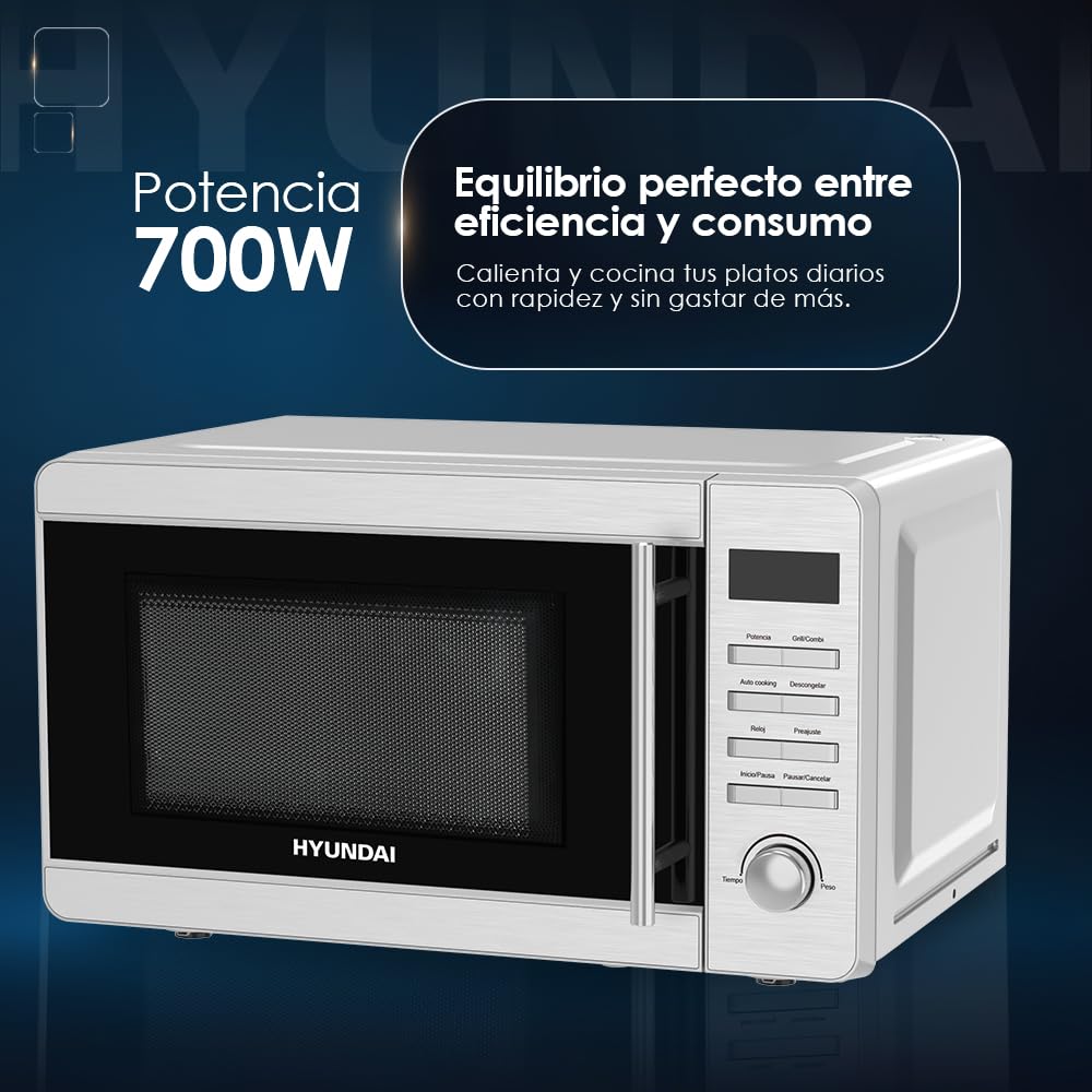 Hyundai Microondas 20 Litros con Grill Inox HME207DGI00. 700W, Grill 800W, 8 Programas, Modo Descongelación, Revestimiento Interior, Fácil Limpieza, Temporizador 60min.