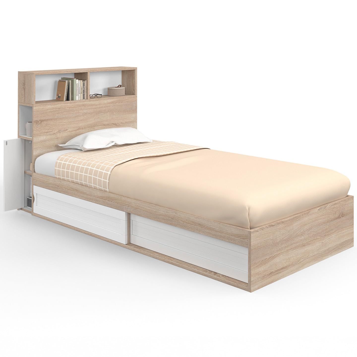 IDMarket - Lit Simple Clem avec Rangement, tête de lit et sommier 90 x 190 cm hêtre et Blanc