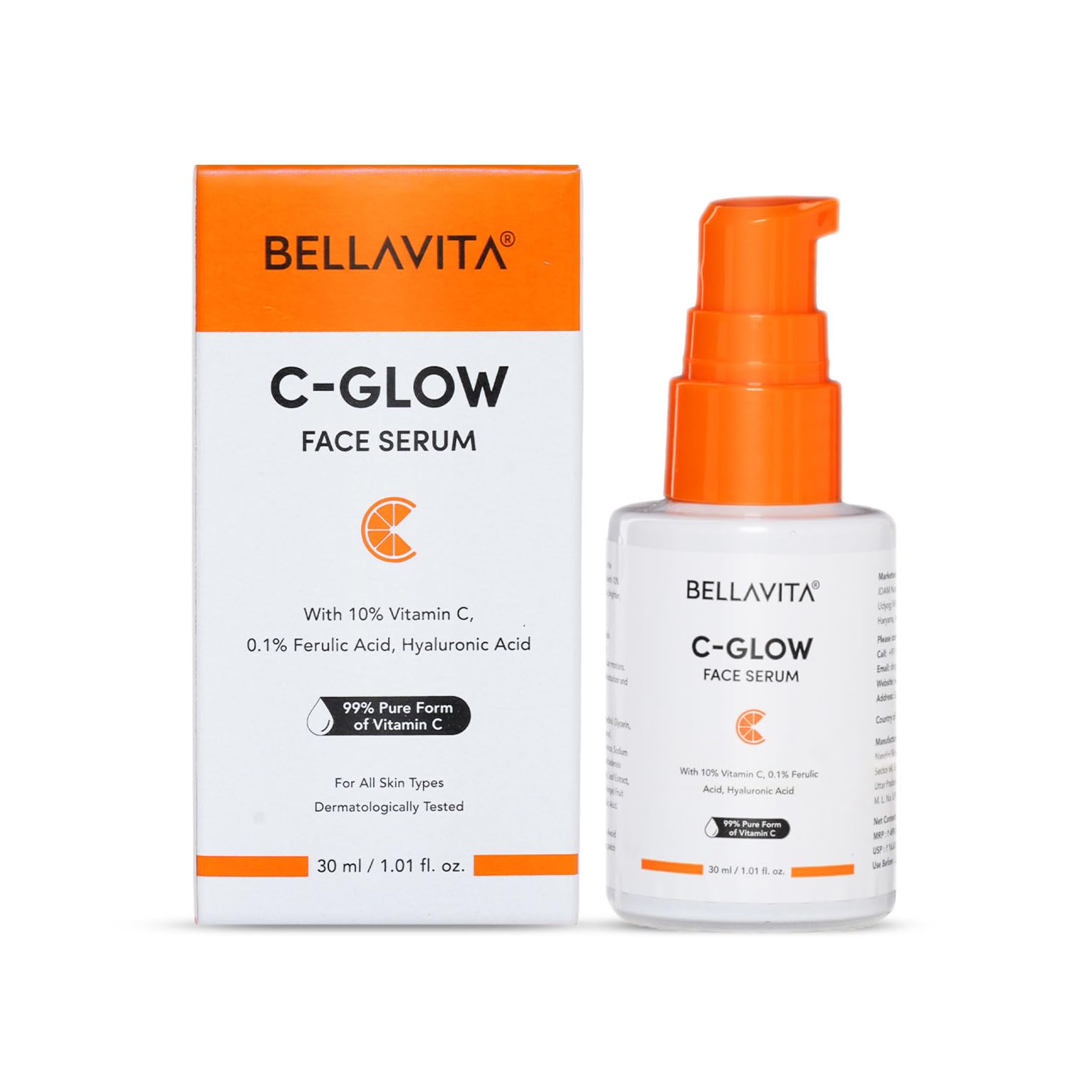 Bella Vita Organic C Glow Face Serum for Glowing Skin, Reduce Dark Spots| Light Weight Non Greasy Moisturizing Anti Ageing Formula For All Skin Types for Women & Men - 30 ml
