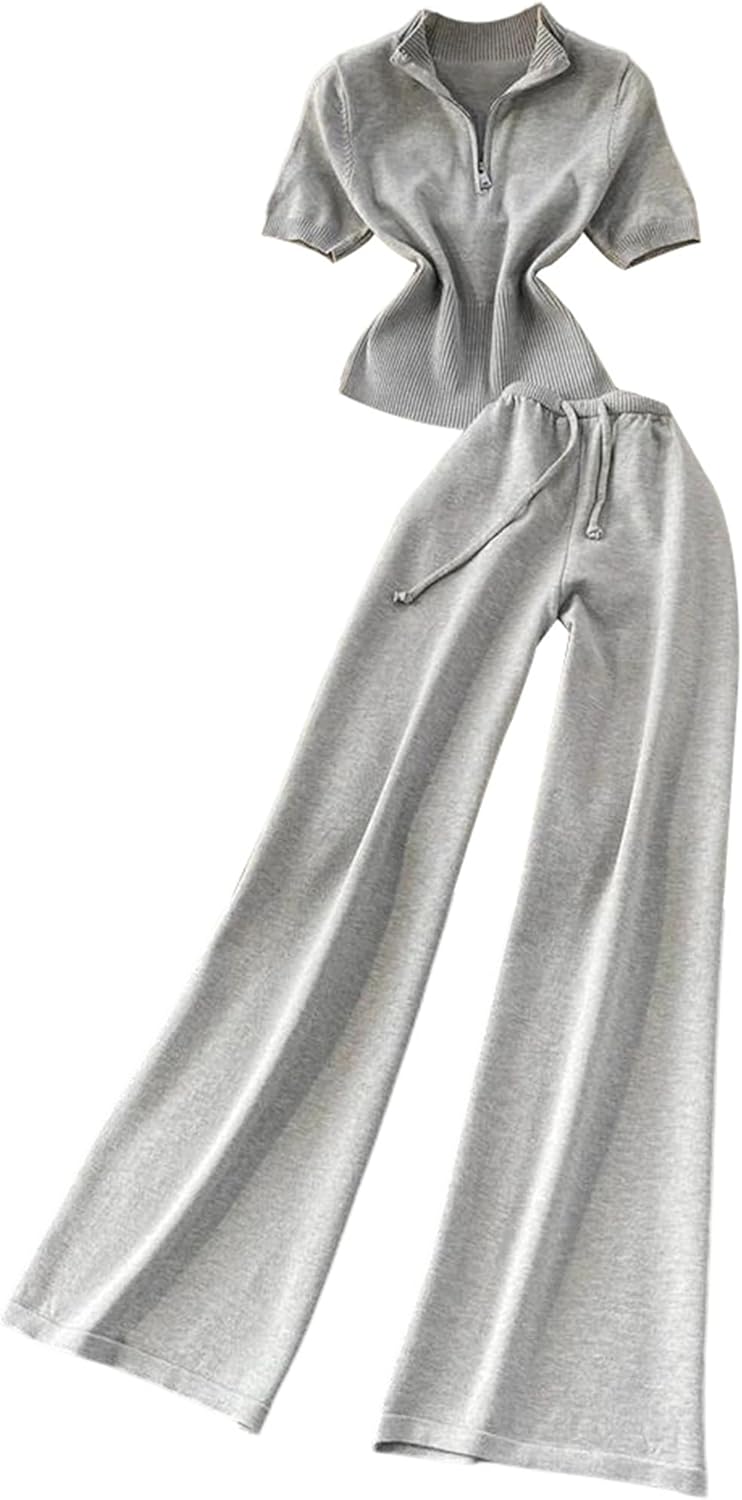 Women’S Office Simple Suit Summer Zipper Slim Wide Leg Pants Knitting Casual Set Wide Leg Pants Lounge Set