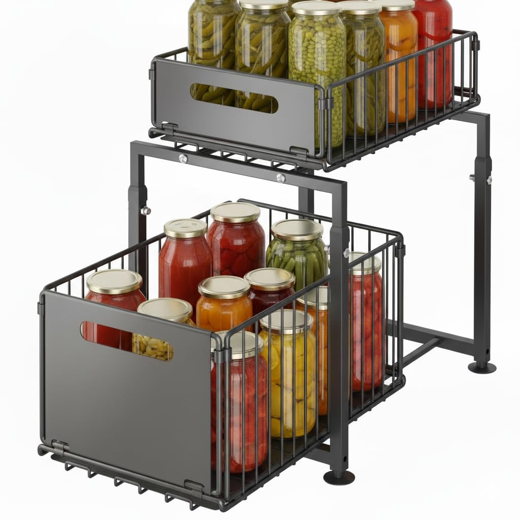 Estantería de Cocina, Organizador de Oficina, de pie, Organizador de Cocina, Archivador Oficina - Almacenaje Cocina - Estantería con Dos Cestas Extensibles- Negro con Dos Niveles.