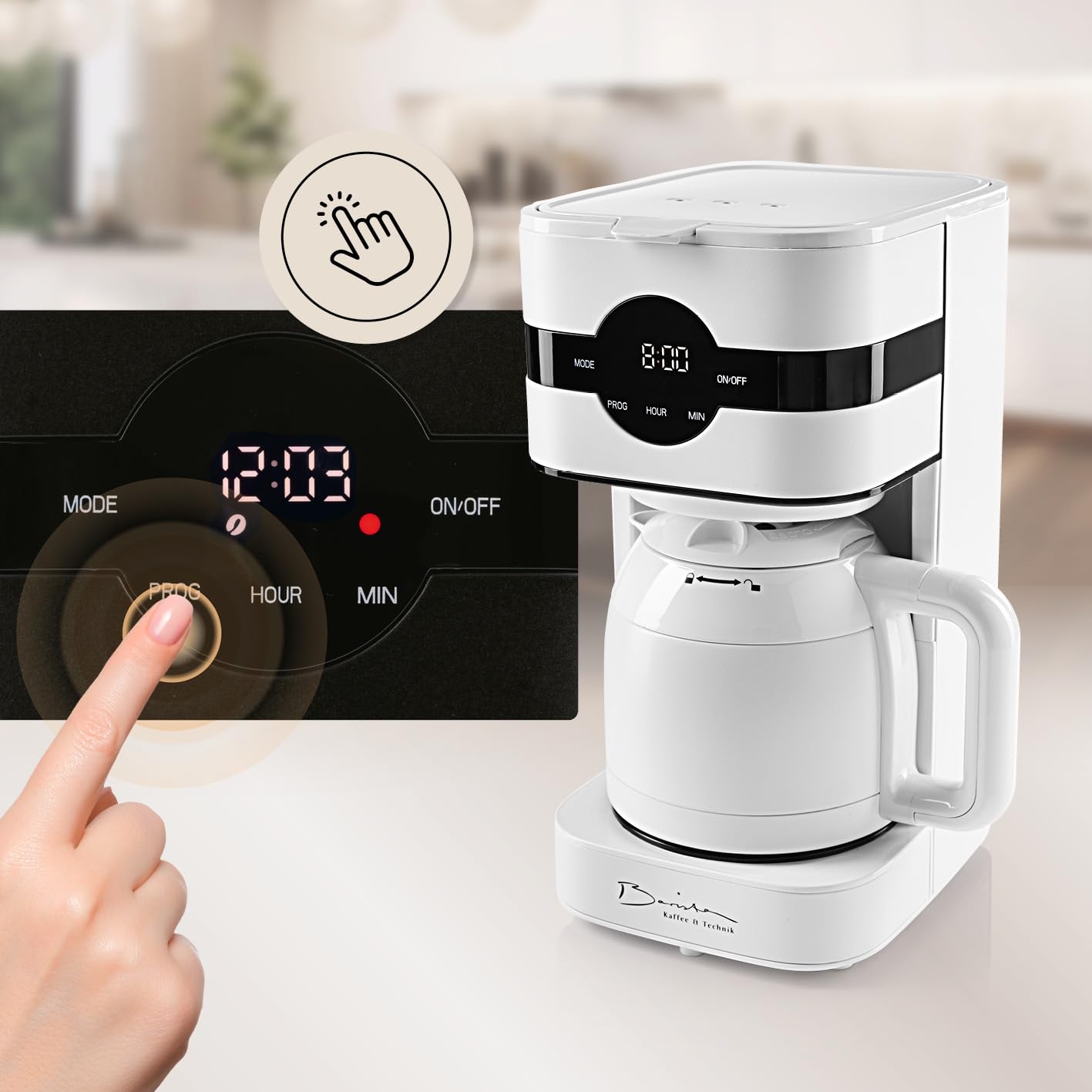 Barista Cafetera de filtro con jarra térmica, máquina de filtro con pantalla táctil y función de temporizador, cafetera con filtro permanente y 900 W, depósito de agua de 1,25 litros para 8 tazas de
