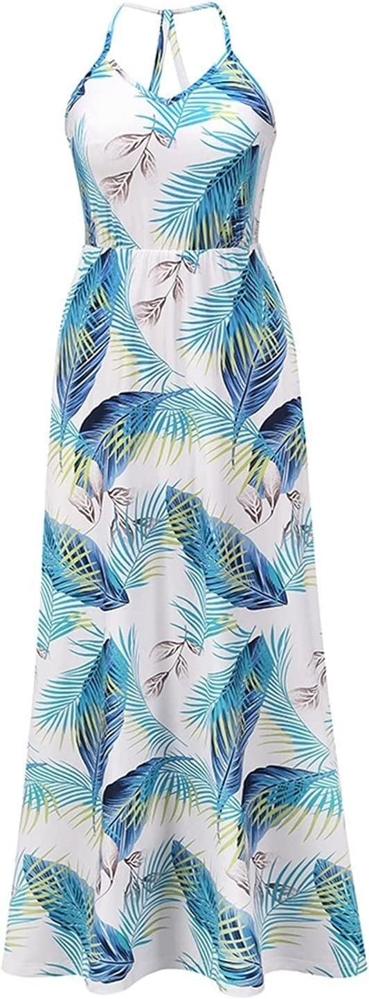 Verstellbarer Ersatz-Schultergurt, Handtaschenträger, Damen-Sommerkleid, rückenfrei, lässig, mit Blumenmuster, Spaghettiträger, Blumenmuster, langes Maxikleid, Sommerkleider (Farbe: Blau, Größe: L) (