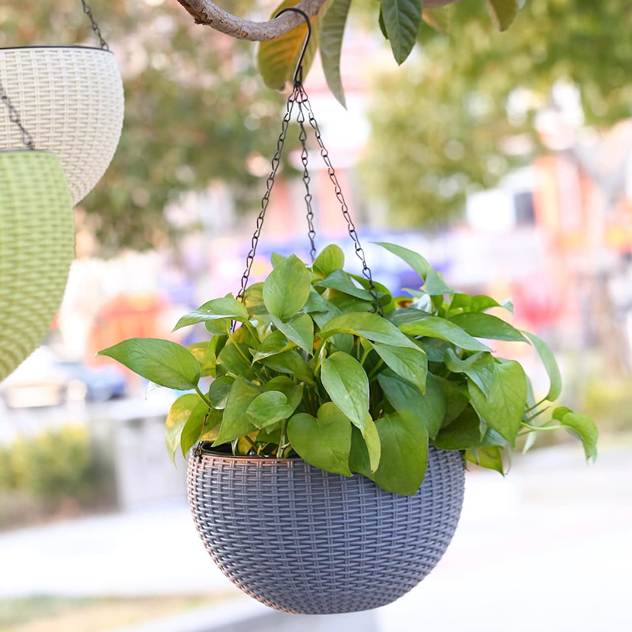 2 Stück Blumenampel Außen, Ø 35cm Selbstbewässerung Blumentopf Hängend, Hängeampel Outdoor Kunststoff, Hängeblumentöpfe mit Rostfrei Ketten, Hängeampeln für Draußen Innen Decken Pflanzen