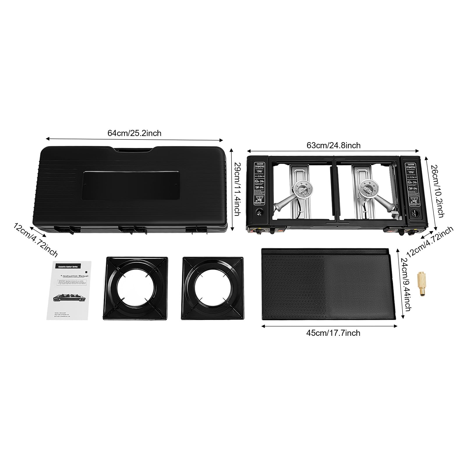 Barbecue à gaz et réchaud à gaz à 2 flammes en acier inoxydable - 2500 W - Réchaud de camping avec plaque de cuisson et boîte de rangement - Soupape de surpression intégrée - Réchaud à gaz de camping