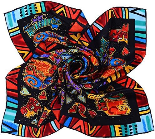 Salutto Women Square Scarf Silk Cartoon Cat Printed Mulberry Silk Scarves