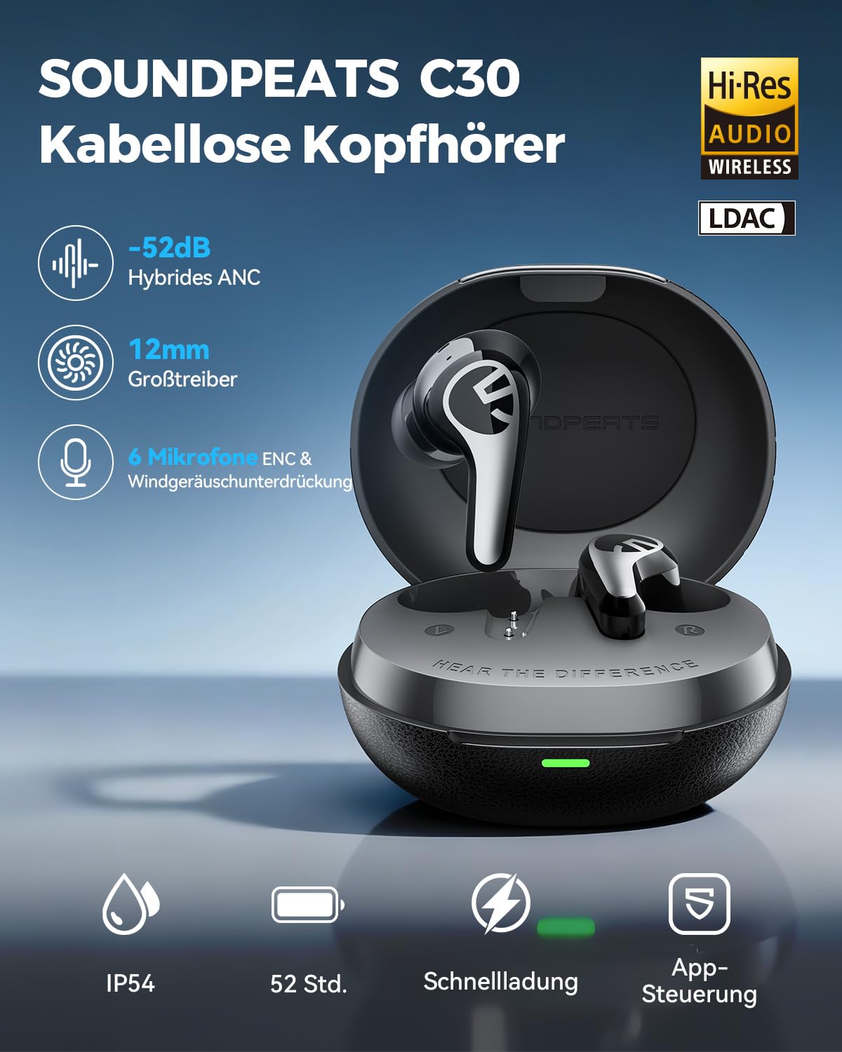 SoundPEATS C30 Noise Cancelling Kopfhörer Hybrid ANC -52 dB, LDAC & Hi-Res Audio, 12 mm Treiber, Bluetooth 6.0, 52 Std. Spielzeit, Schnellladung, IP54, 3 Mikrofone Windgeräuschfilter, Spatial Audio