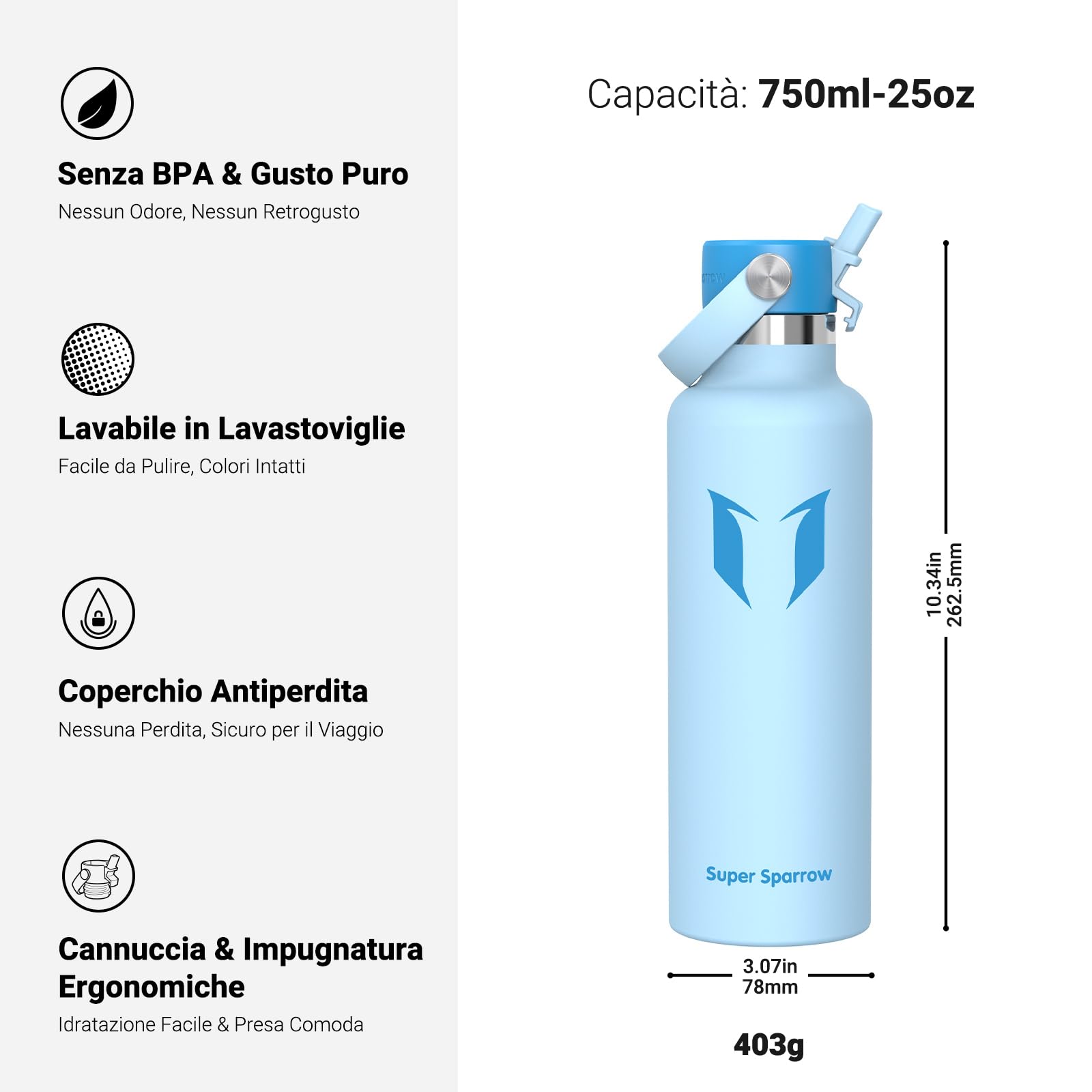 Super Sparrow Borraccia Termica, Acciaio Inox Bottiglia Termica - 350ml, 500ml, 750ml, 1L, 1.2L - Senza BPA Borracce, Borraccia Bambini per Scuola, Sport, Campeggio, Yoga, Palestra, Ciclismo