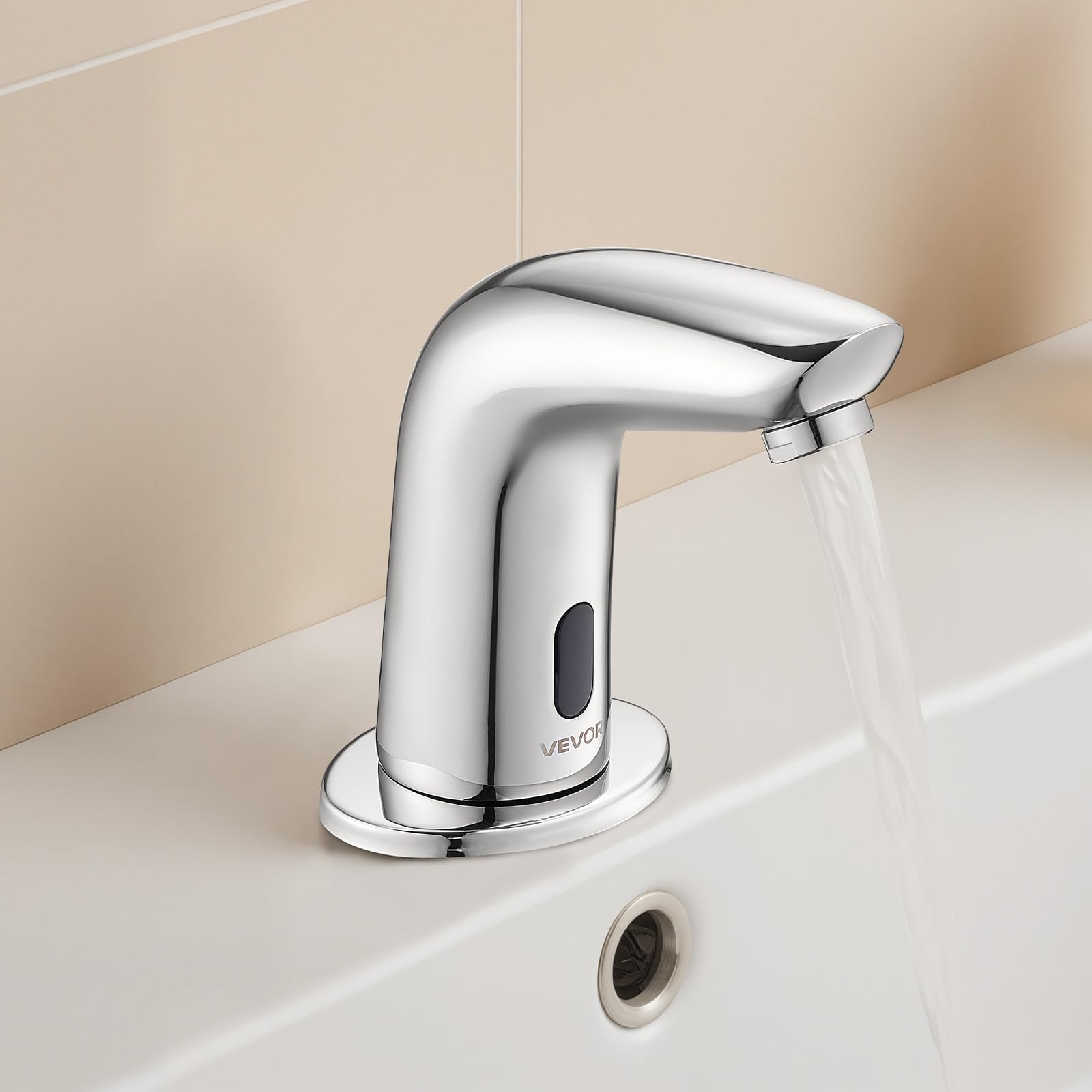 VEVOR Robinet Automatique sans Contact, Mitigeur de Lavabo à Capteur de Mouvement, Robinetterie d'Eau Froide, Fonctionne sur Piles, pour Tuyau de 9,5 mm, Bar Cuisine Salle de Bain, Chromé Argenté