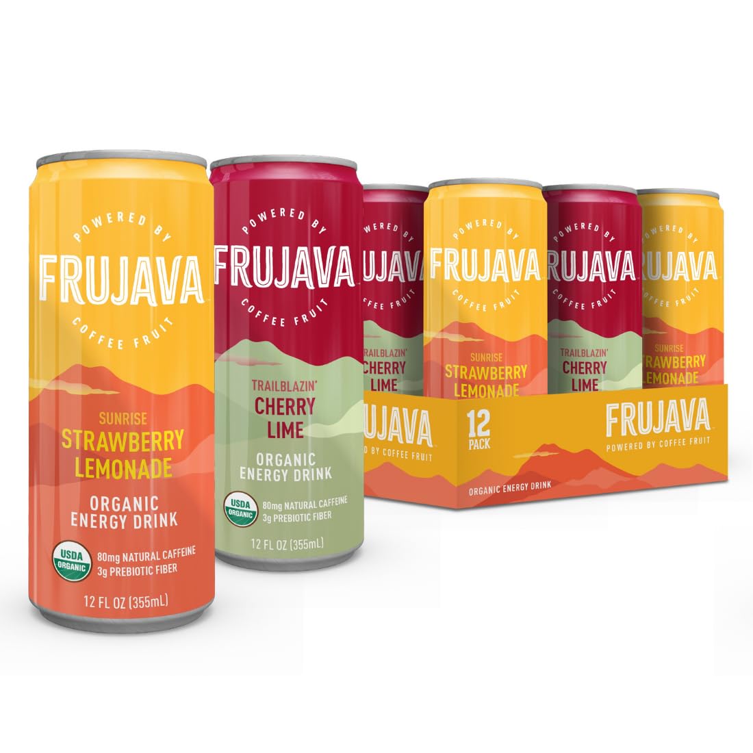Frujava Organic Energy Drink Variety Pack, Cherry Lime & Strawberry Lemonade, 80mg Natural Caffeine, 3g Prebiotic Fiber, 12oz Can, Powered by Coffee Fruit, Organic, Low Calorie, Adventure Energy (Pack of 12)