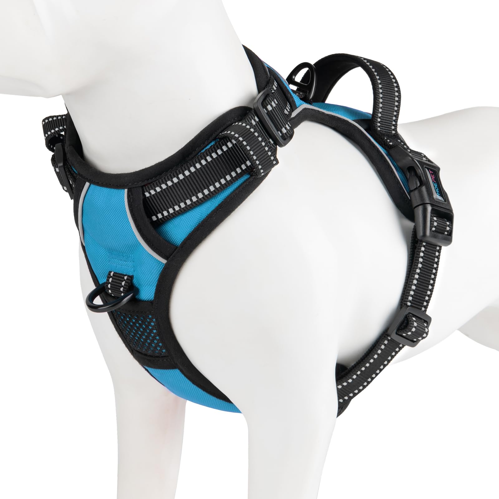PHOEPET No Pull Dog Harness Medium Reflective Front Clip Puppy Vest with Handle,Adjustable 2 Metal Leash Attachment Hooks(M, Blue)