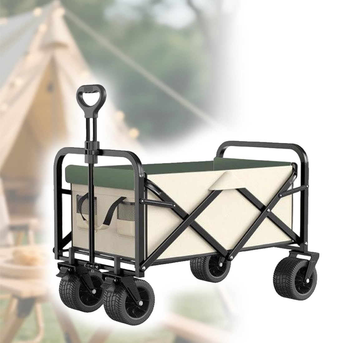 Carrello pieghevole con ruote per tutti i terreni, manico telescopico e doppio freno per spiaggia, campeggio, giardinaggio, eventi sportivi, carrello pieghevole