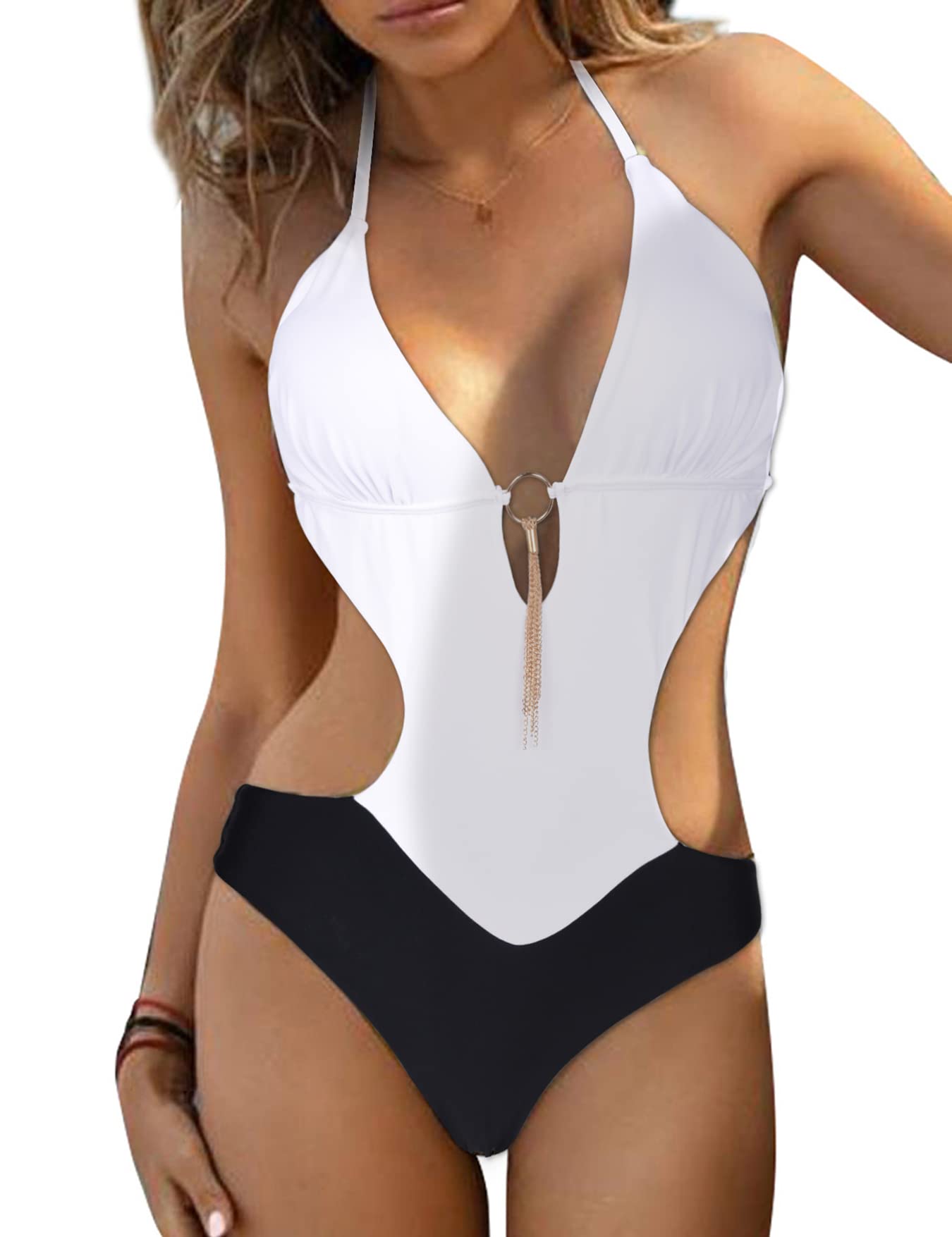 heekpek Bañador para Mujer Traje de Baño de una Pieza para Mujer Cuello en V Halter Relleno Atado Bañadors Hueco Sexy Bikini Estampado Verano Playa