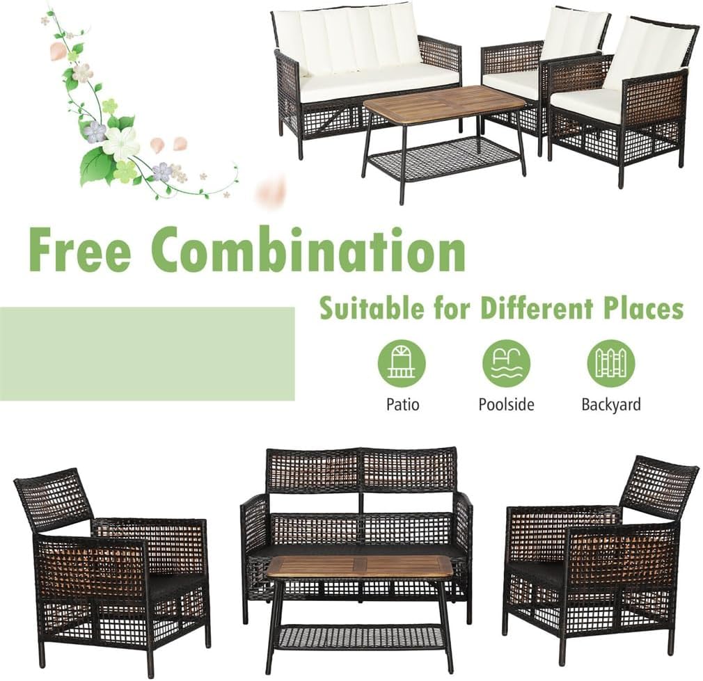 8PCS Patio Rattan Furniture Set Cushioned Chairs Wood Table Top W/Shelf
