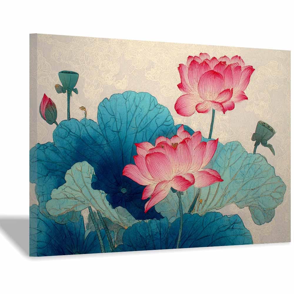 ZAMAEIU Canvas Print Wall Art Painted Lotuss groves Modern Nature Landscape Poster, for living room, bedroom,Corridor Office Room Decoretc.(pink)-50x70cm Framed