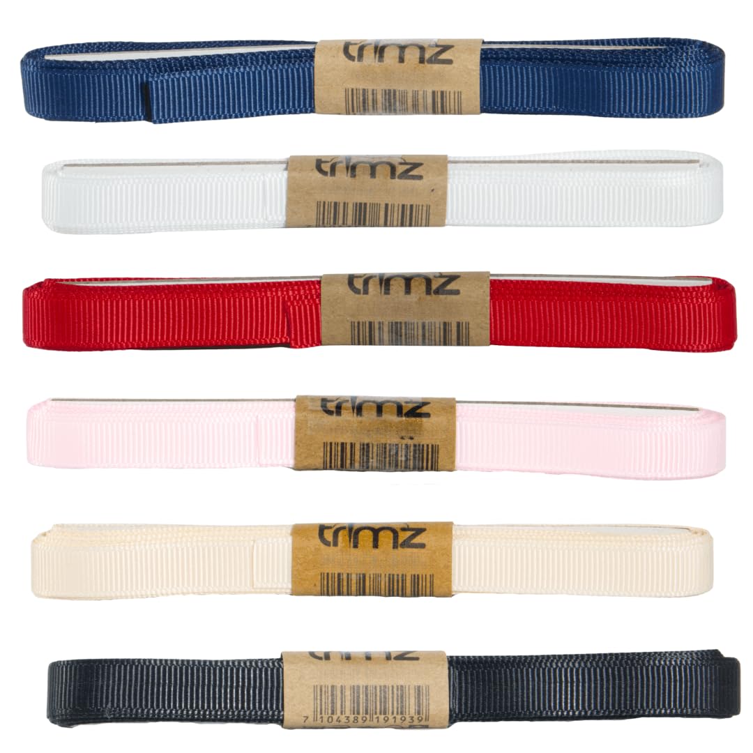 Trimz Grosgrain Ribbon Ribbon Essentials Pack - 15mm x 3m Wraps - Red, Navy, Black, Ivory, Pink, White
