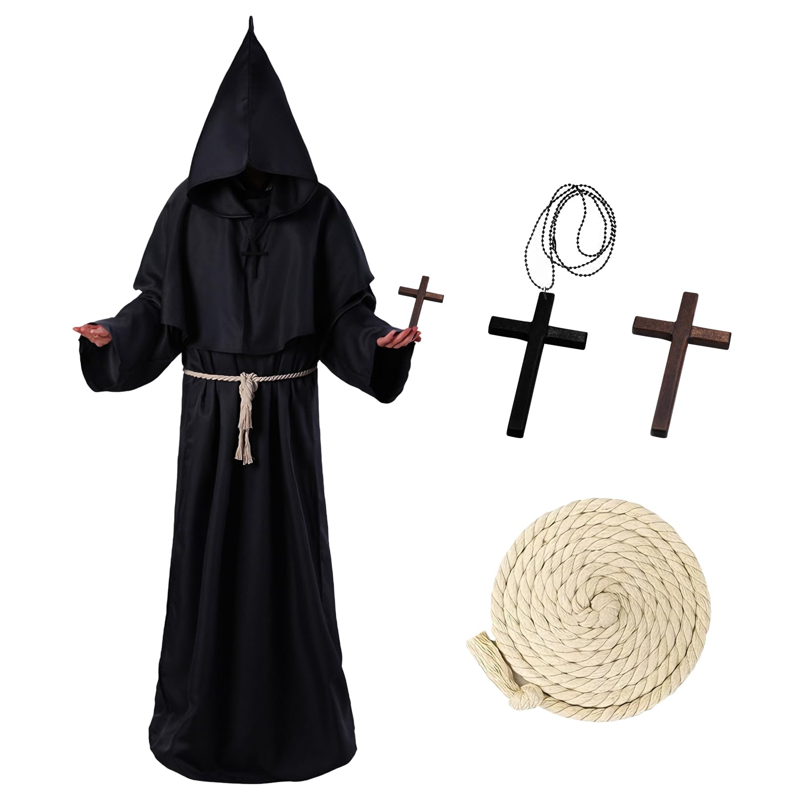 Disfraz de monje medieval renacentista con capucha y cruz, disfraz de sacerdote para Halloween, carnaval, medieval