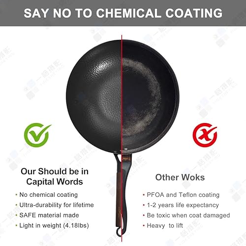 Miniatura 7 de Royal Tag Sartén wok de acero al carbono de 13 pulgadas con tapas (1 vidrio + 1 madera) y espátula, 8 piezas woks y sartenes para freír sin