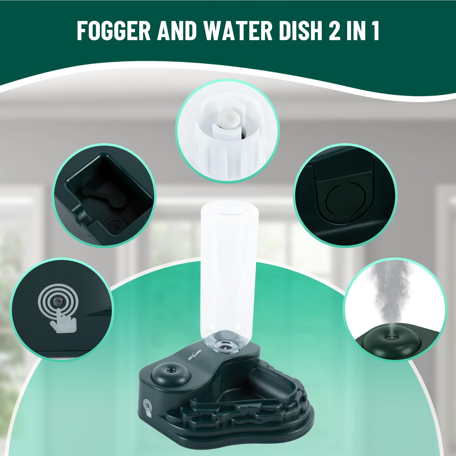 REPTI ZOO Comedero de agua y nebulizador, humidificador 2 en 1 para reptiles con cuenco de agua, dispensador de agua automático para camaleón, rana, lagarto y geco