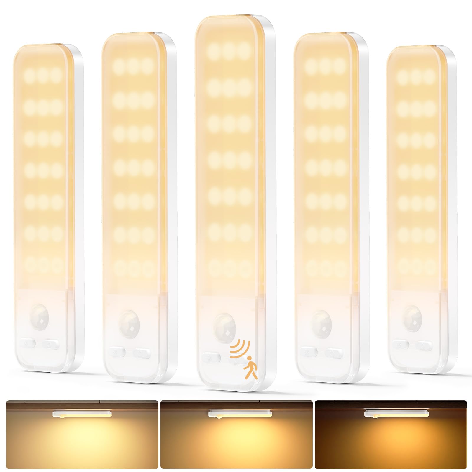 Schrankbeleuchtung Unterbauleuchte Küche LED 5 Stück Dimmbar mit Bewegungsmelder Innen, Akku Schrankleuchte Lampe USB-C Aufladbare LED Leiste Magnetische Lampen für Treppe,Wohnzimmer-3000K (Warmweiß)
