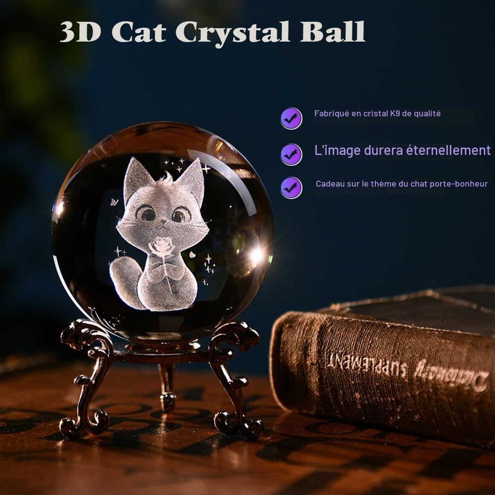 Boule de cristal 3D pour chat - Cadeaux pour amoureux des chats - Presse-papiers en verre - Décoration pour les amoureux des chats - 60 mm - Boule de chat avec support - Cadeaux pour Noël et