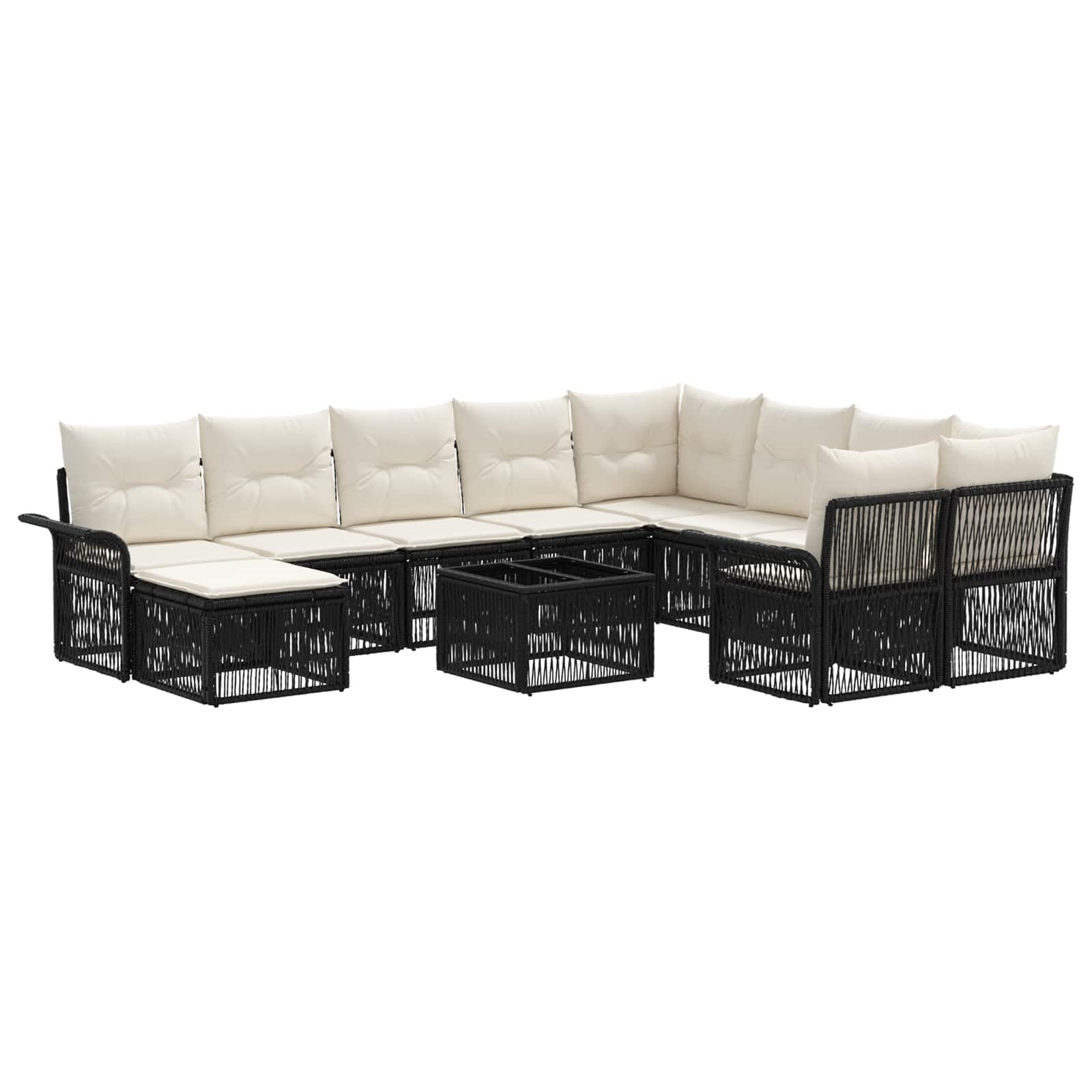 Zestaw 11 sztuk sofa ogrodowa czarny syntetyczny rattan | Modułowy, Rama ze stali proszkowej, Poduszki Poliestrowe Zmywalne, Regulowane Nogi, Zastosowanie Na Zewnątrz