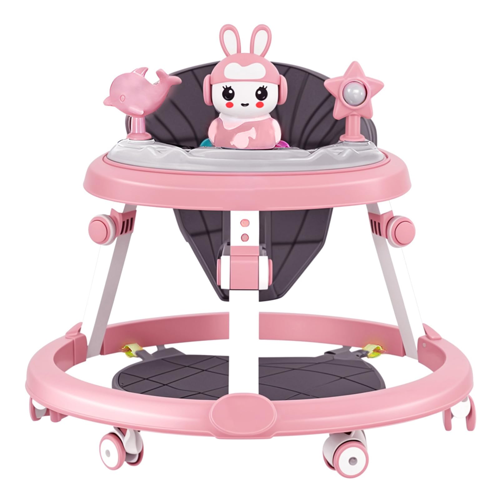 SaftSpzre Walker Foldable, Height Adjustable Baby Walker with Wheels, Anti-Rollover for 6-18 Months Boy Girl, Music & Detachable Tray, Baby Walking Toys for Indoor Use Pink
