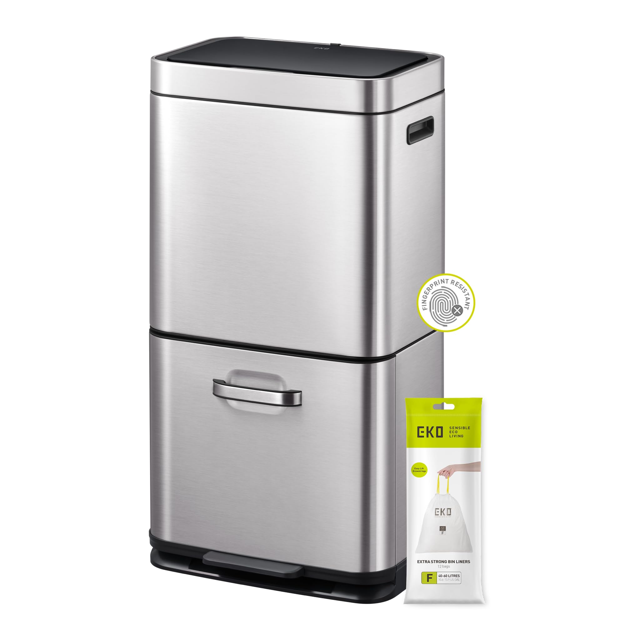 EKO Himalaya 35L + 25L Recycling Bin, Dual Compartment Sensor Kitchen Bin for Recycling and Waste, Soft-Close Lid, Stainless Steel — image 1
