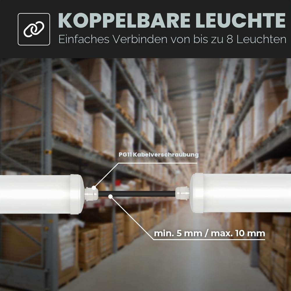 HOFTRONIC 6er Pack LED Feuchtraumleuchte 120cm IP65 36W 4320 Lumen 6500K Kaltweiß Verknüpfbar