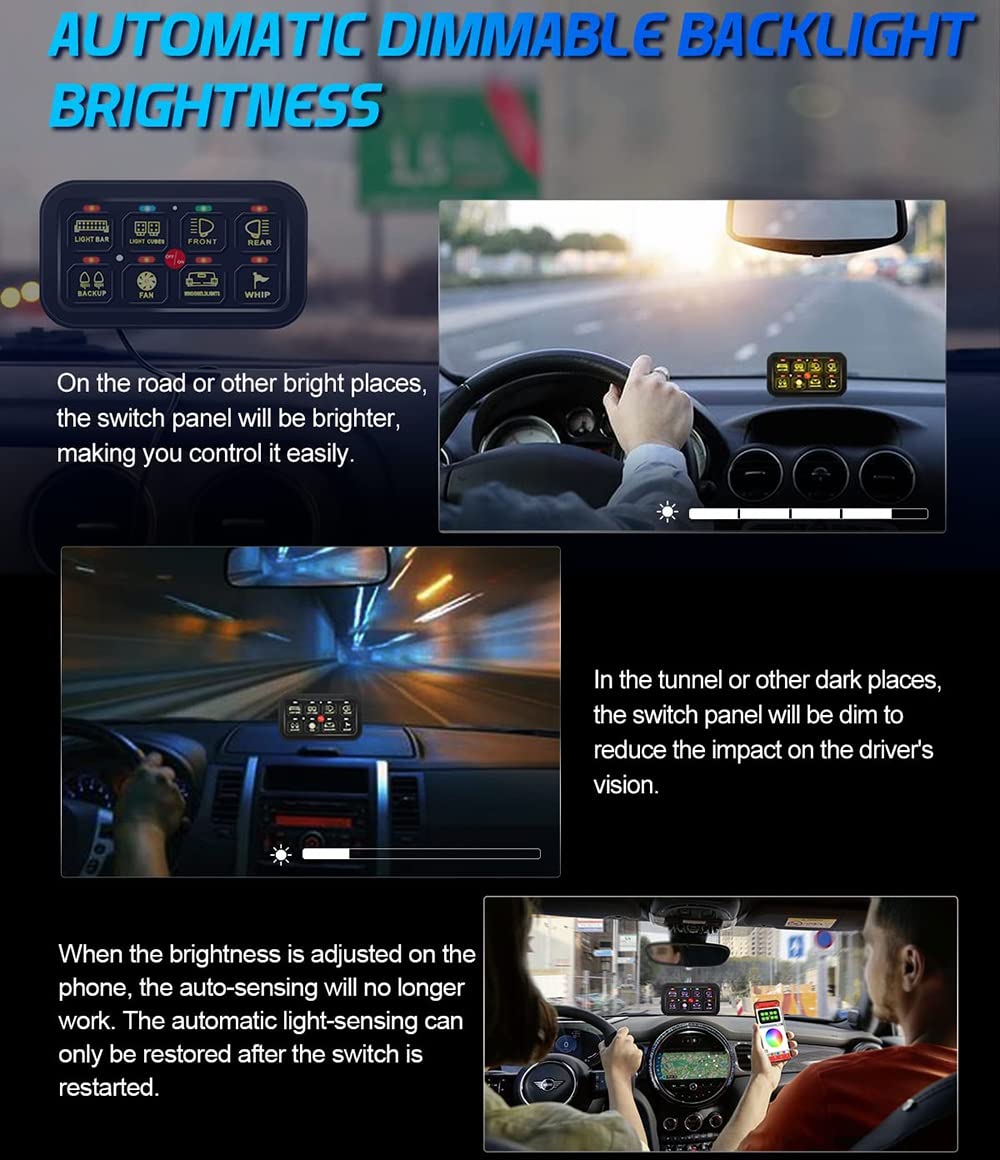 8-kanałowy Panel Przełączników RGB Do Samochodu, Obsługa Sterowania Przez Bluetooth APP, Automatycznie Ściemnialny Panel Przełączników LED, Do Samochodów Osobowych, Ciężarówek, Łodzi, Z Naklejką Na