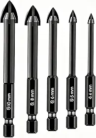 Kit 5 Brocas Fura Tudo Universal, Vidro, Cerâmica, Porcelanato, Mármore e Metal, Ponta em Vídea, Aço Temperado, 4mm a 10mm