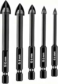 Kit 5 Brocas Fura Tudo Universal, Vidro, Cerâmica, Porcelanato, Mármore e Metal, Ponta em Vídea, Aço Temperado, 4mm a 10mm