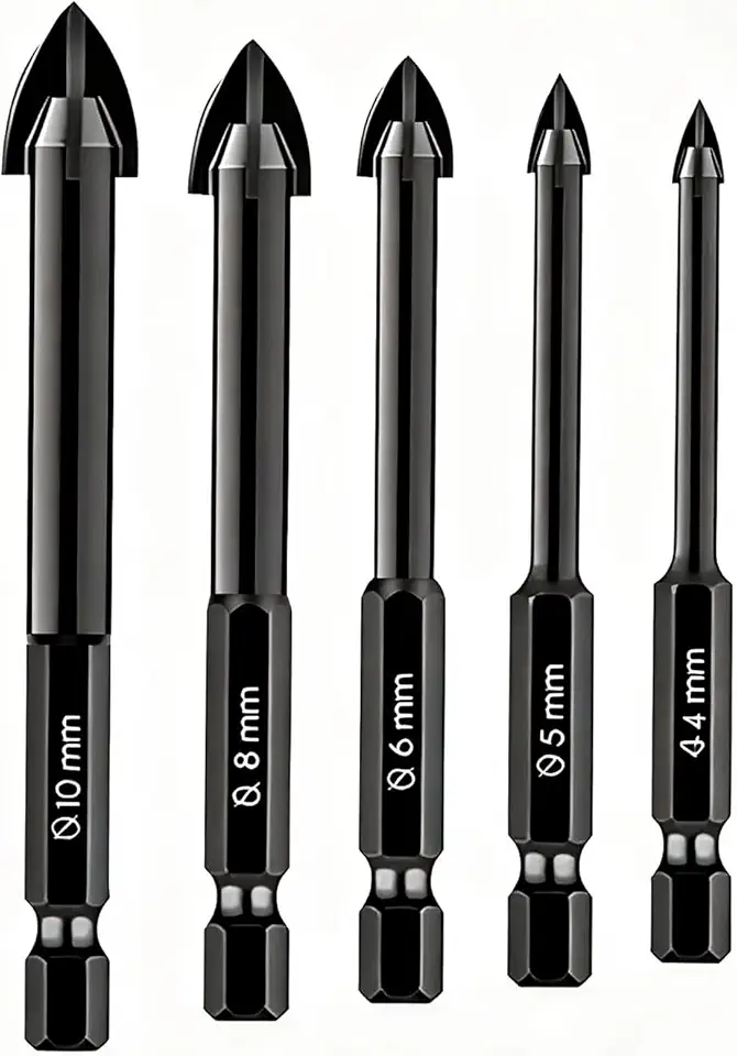 Kit 5 Brocas Fura Tudo Universal, Vidro, Cerâmica, Porcelanato, Mármore e Metal, Ponta em Vídea, Aço Temperado, 4mm a 10mm