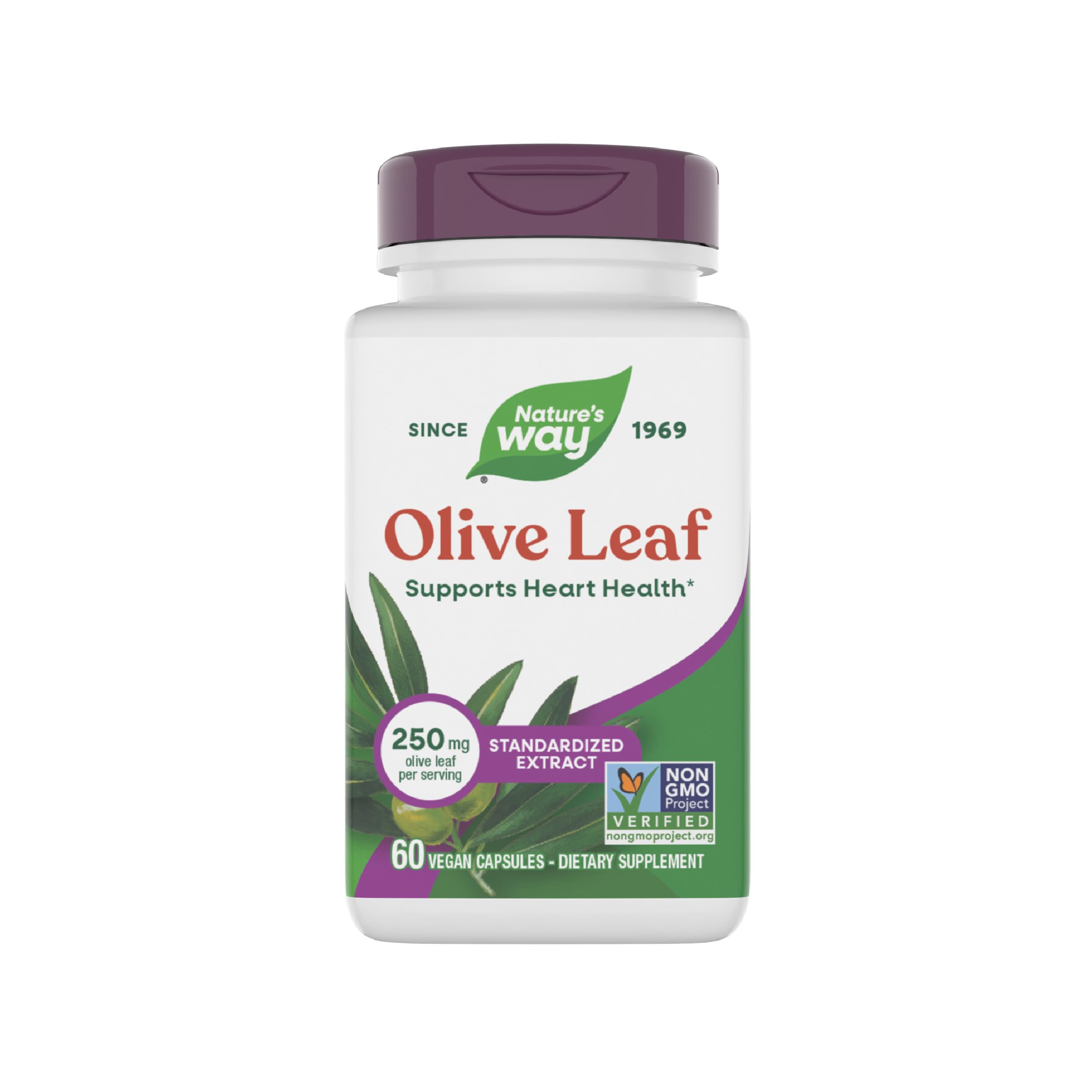Nature's Way Olive Leaf Standardized Extract Supplement, Supports Heart Health*, 250 mg Per Serving, Gluten Free, Vegan, 60 Capsules (Packaging May Vary)