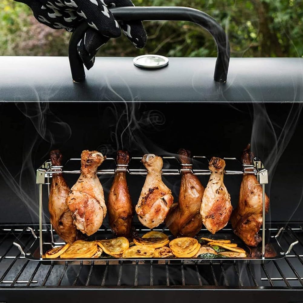 Rejilla de Acero Inoxidable para Pollo con Bandeja recogegrasa: fácil de Limpiar, barbacoas, Parrillas, asadores y ahumadores. Accesorio de Cocina versátil.