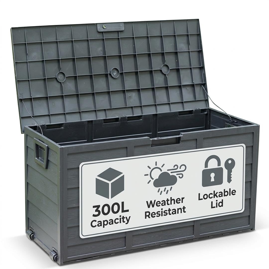 Gr8 Garden Black 300 Litre Plastic Storage Box Lid Patio Shed Utility Cushion Chest Wooden Fence Panel Effect Large Truck Indoor Outdoor Furniture