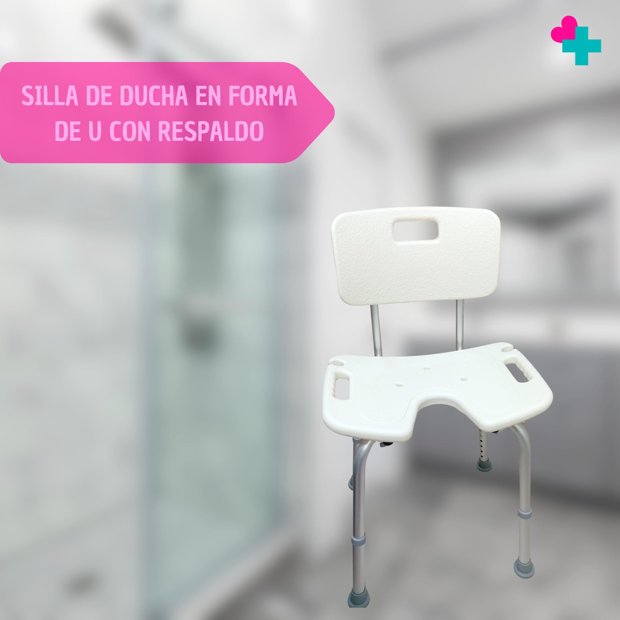 Silla de Ducha para Personas Mayores con Respaldo y Asiento en U | Regulable en Altura | Silla de Baño Antideslizante con Asas | Ayuda para Higiene, Movilidad Reducida y Discapacidad