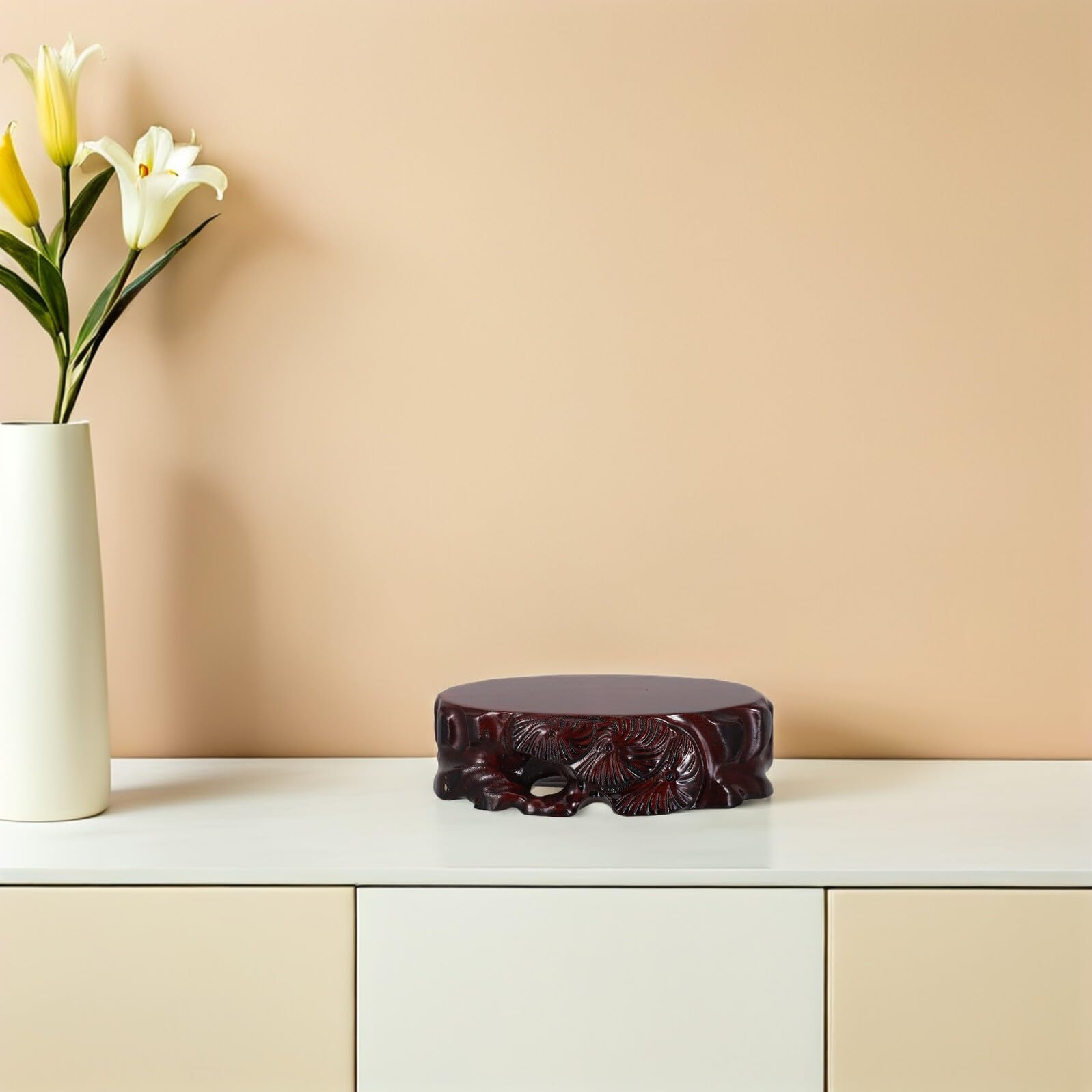 Mobestech Expositor de Madera para Jarrones y Bolas de Cristal Base Ovalada Marrón, Diseño Artístico Natural, Estabilidad Mejorada y Antideslizante para Interiores y Salones de Té