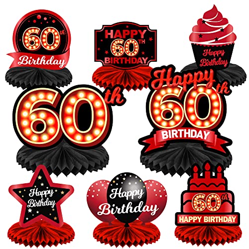 Happy 60th Birthday Red and Black Table Honeycomb Centerpieces Balloons Theme Decor Table Decorations Table Toppers for Girls Women Princess 60 Years Old Birthday Party Bday Supplies Background Gold
