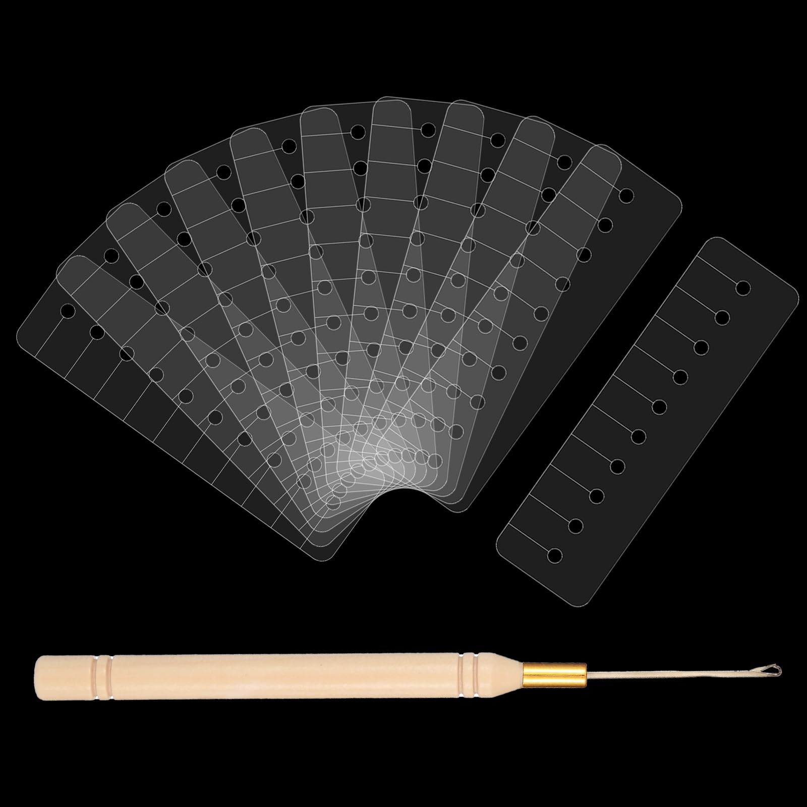 11 PCS Heat Shield Guards for Hair Extension, Multi-hole Shield Spacers with Hook Pulling Needle, Clear Fusion Glue Protector Templates, Rectangular Shield Spacers for Hair Extension
