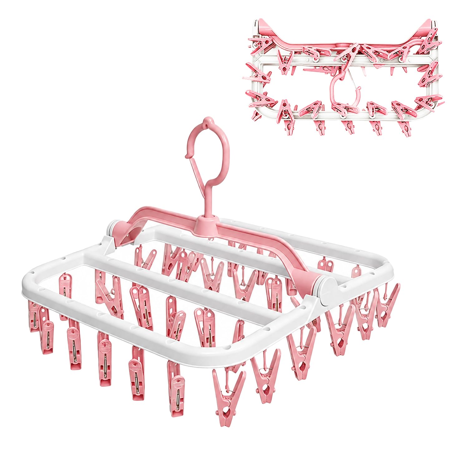CHGANG Foldable Clothes Drying Rack with 32 Clips, Space-Saving Sock Hangers for Drying, Multi-Functional Clothes Pegs for Washing Line for Underwear, Baby Clothes, Hats, Socks (White-Pink)