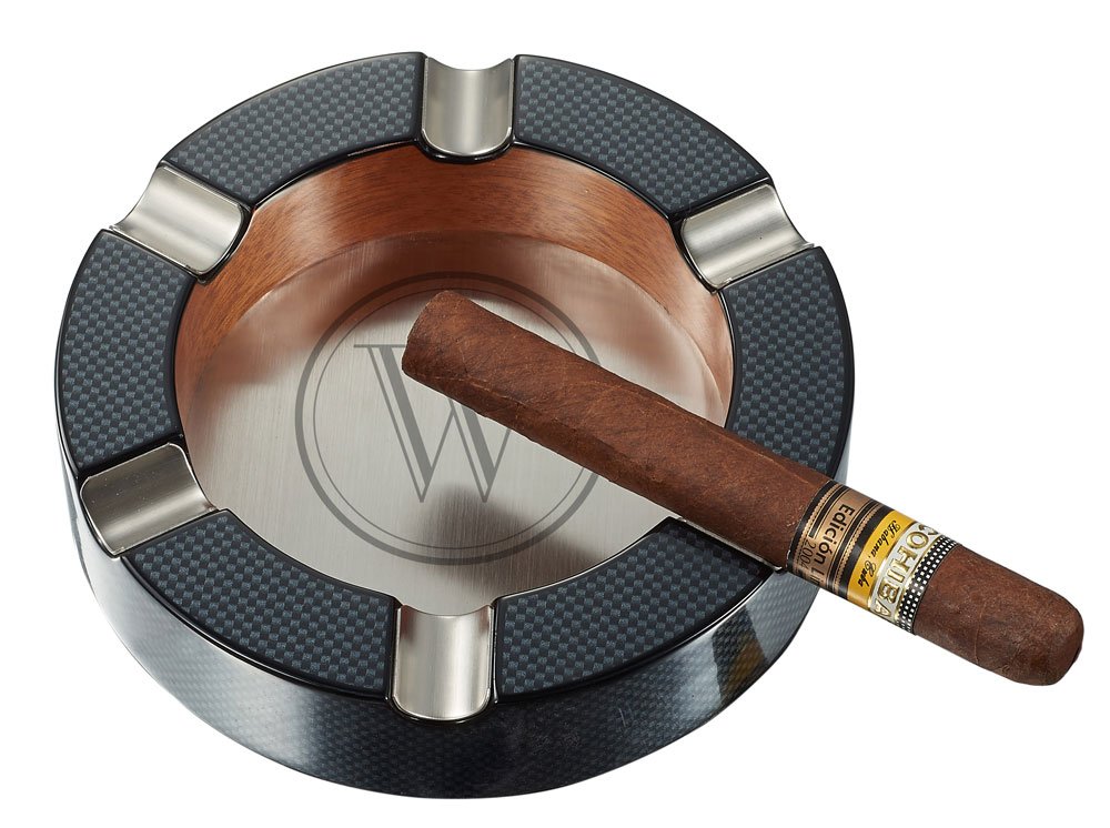 Visol Tyrus Carbon Fiber Round Cigar Ashtray with Personalized Laser Engraving of Initial