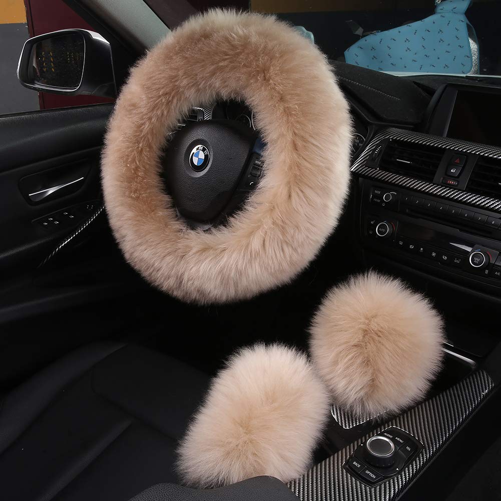 AOGELAN3Pcs Set Fashion Fluffy Fuzzy Wool Fur Soft Steering Wheel Cover with Handbrake Cover & Gear Shift Cover for Women/Girls/Ladies Car Decoration Long Wool Accessories (Light Brown)