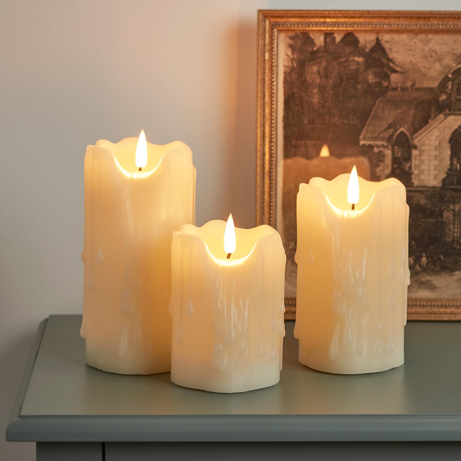 Lights4fun Purple Set Of 3 Truglow® Heavy Dripping Wax Battery Led Flameless Pillar Candles Real Ivory Wax With Timer Indoor Use