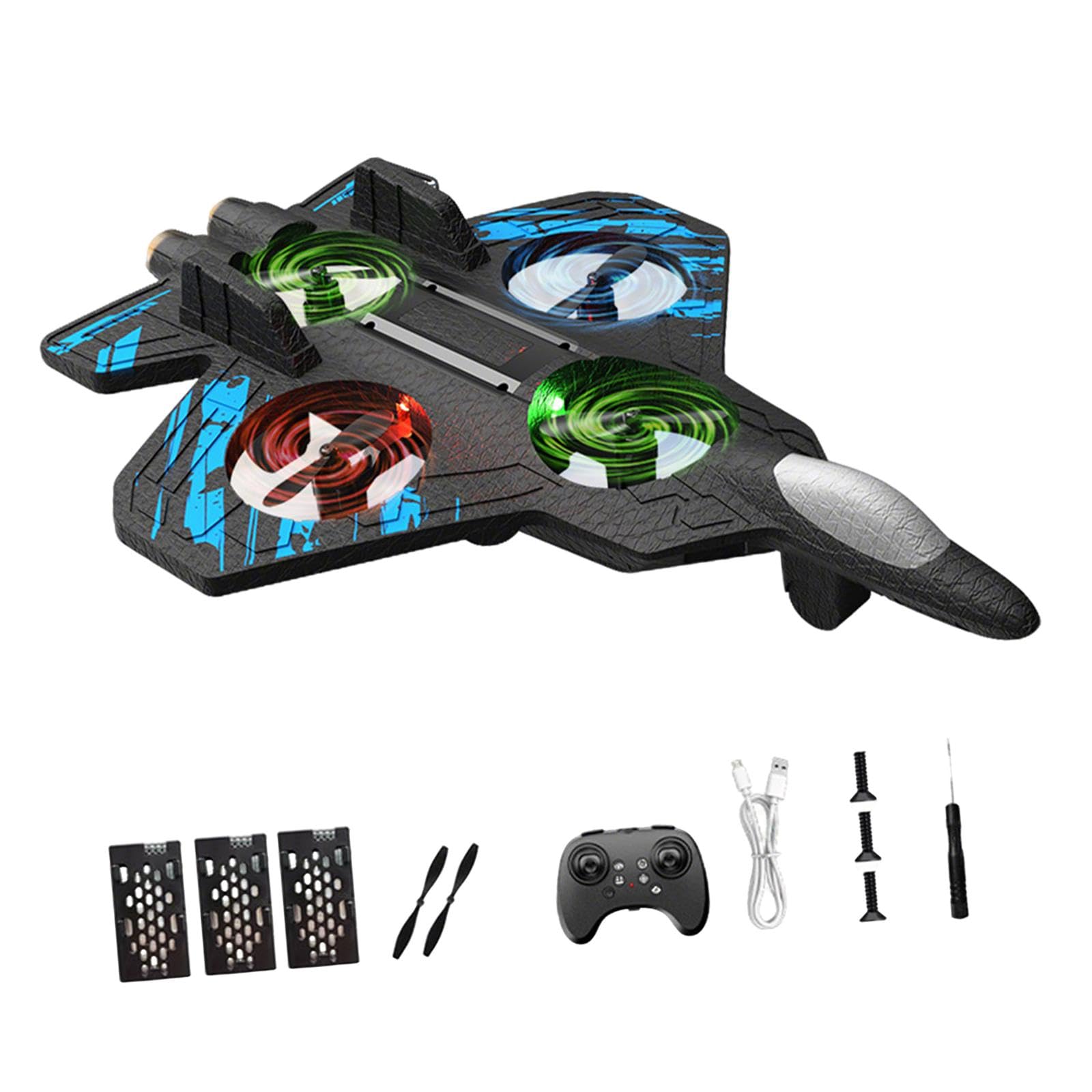 Avion Télécommandé de Chasse en Mousse avec Lumière Flip 360 Degrés, Bleu